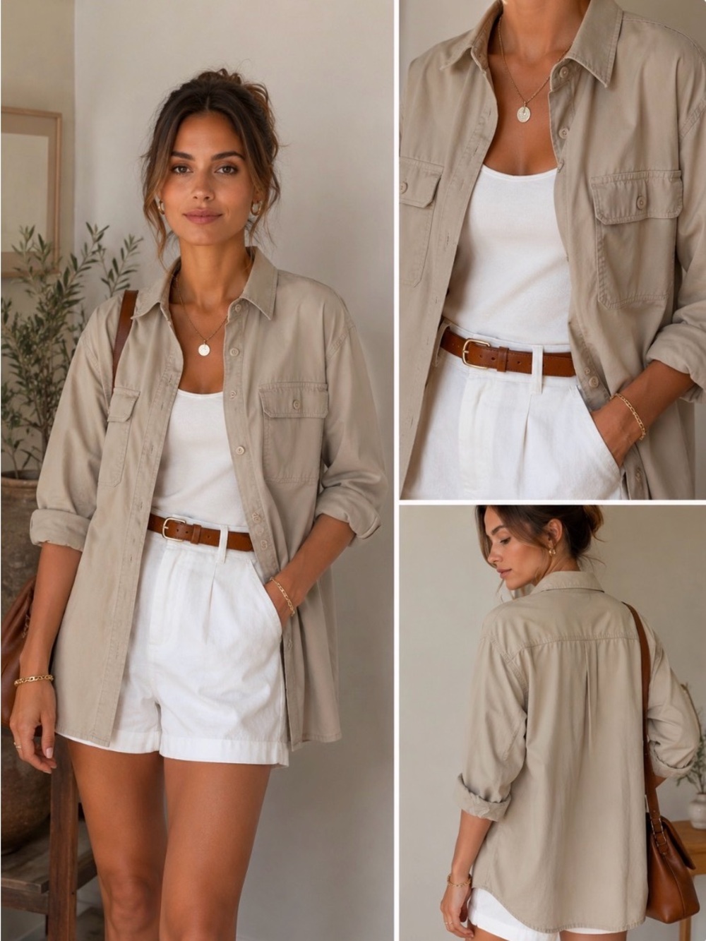 H&M Light Beige Overshirt with Chest Pockets Size Small